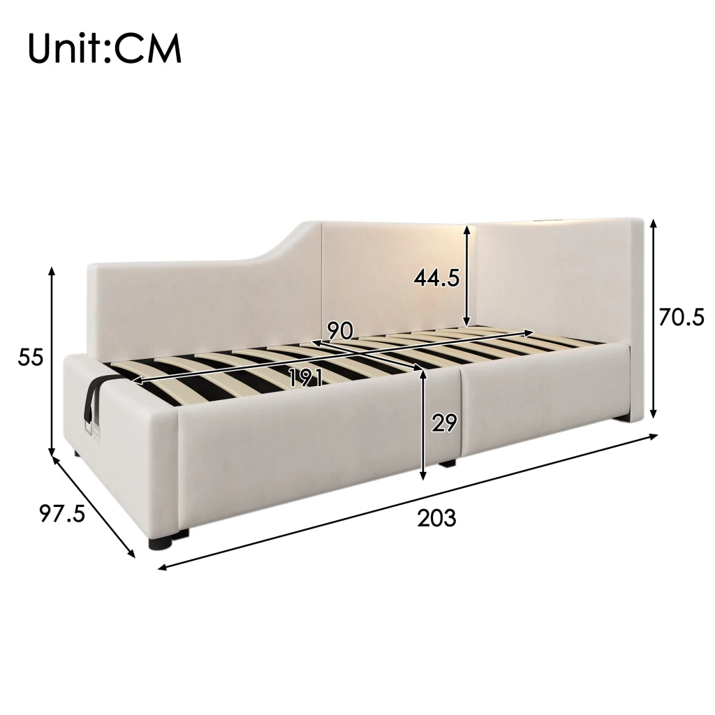 Letto divano contenitore 90x190 cm con apertura idraulica; luce di lettura e USB-C; beige