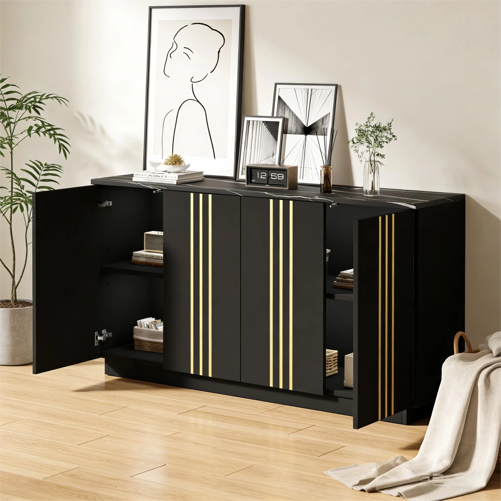 Madia con 4 ante e divisori regolabili in truciolato nero e oro con piano effetto pietra 35 × 140 × 70 cm