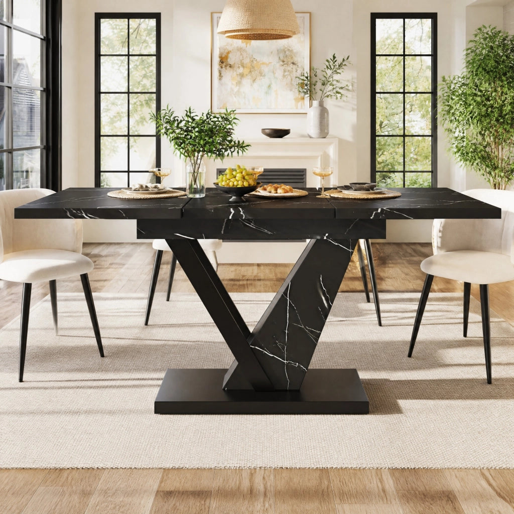 Tavolo da pranzo allungabile 120-160x75 cm, piano effetto marmo nero, MDF e metallo, 4-6 posti