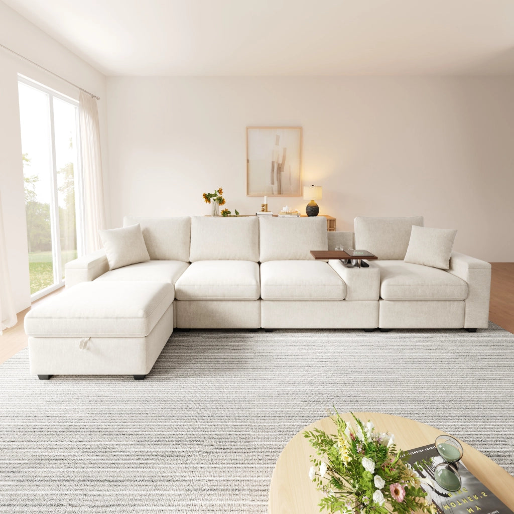 Divano modulare a L 313 x 147 x 82 cm con pouf e USB; ciniglia beige