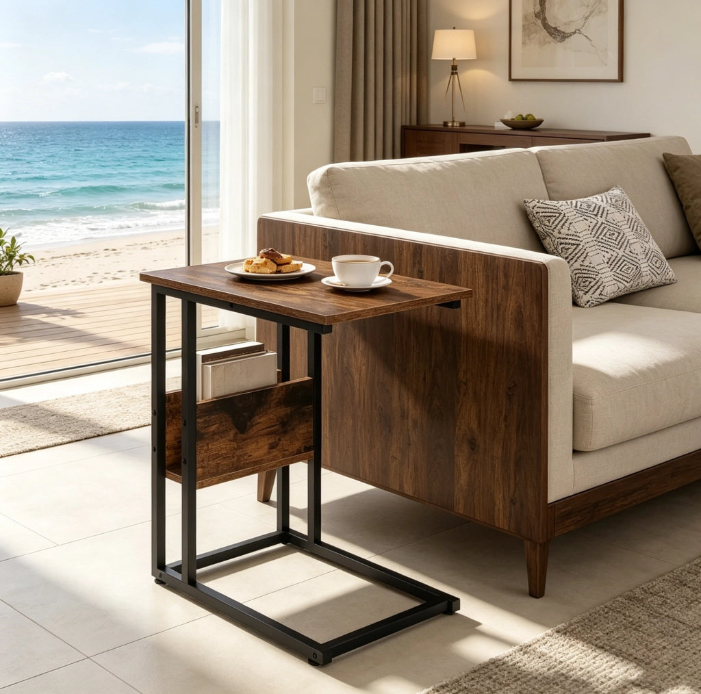 Tavolino laterale a C 55x36x59;5 cm con ripiano in legno rustico marrone HOMVRA