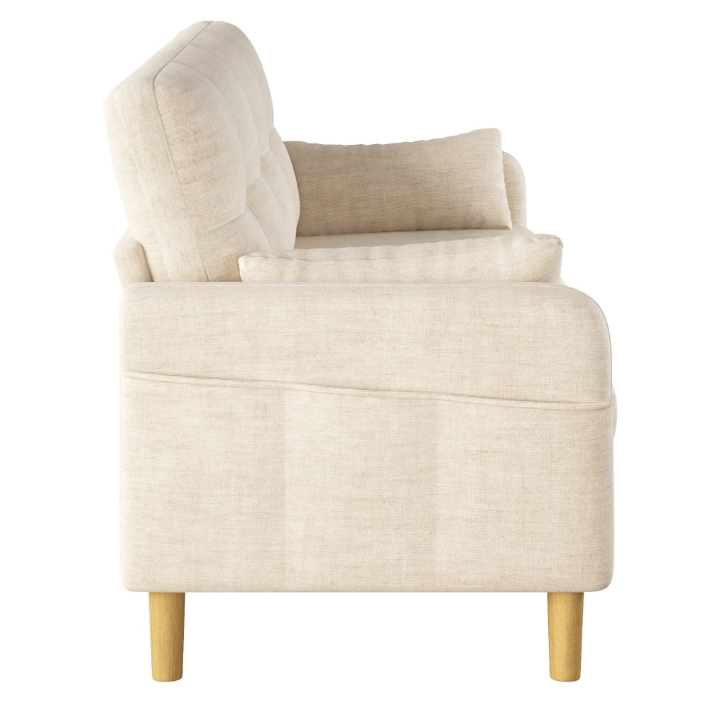 Divano a 2 posti moderno in tessuto chenille beige con cuscini e tasca laterale, 119x78x85 cm