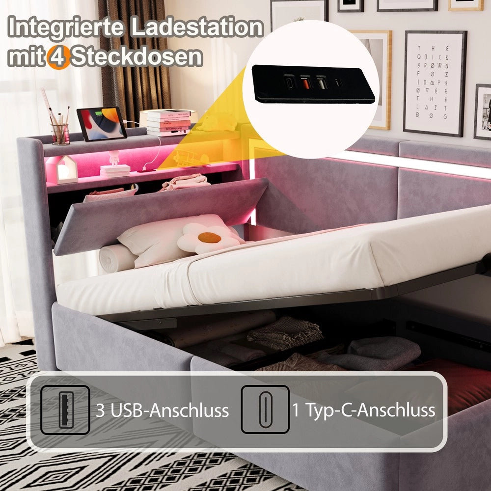 Letto Imbottito Contenitore con LED ¨C MINIMAL ¨C Velluto Grigio Chiaro 90x200