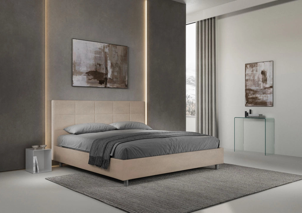 BS COM Letto matrimoniale king size senza rete imbottito 190x190 microfibra sabbia