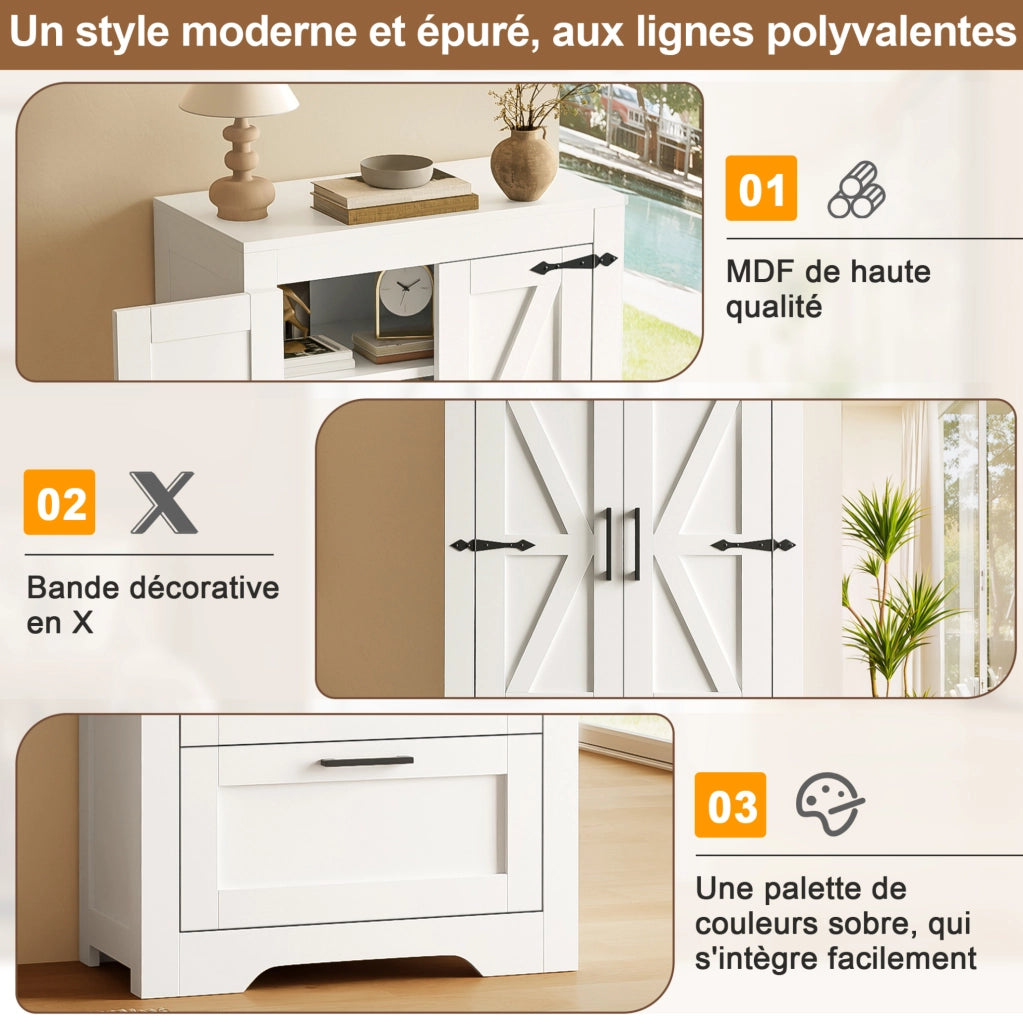 Credenza alta 60x30x128 cm con 2 cassetti e ripiani regolabili in MDF e truciolare; bianca