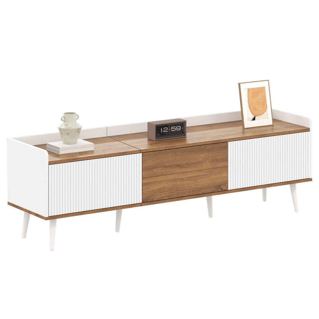 Mobile TV a 3 ante con struttura compatta, finitura bianco e legno naturale, 160 x 39 x 49,5 cm