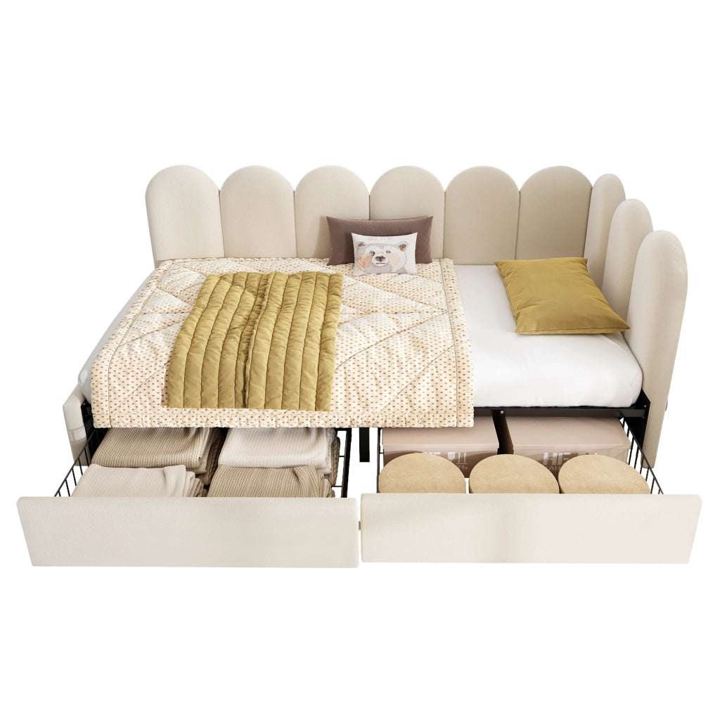 Letto contenitore con due cassetti 90x200 cm beige in velluto