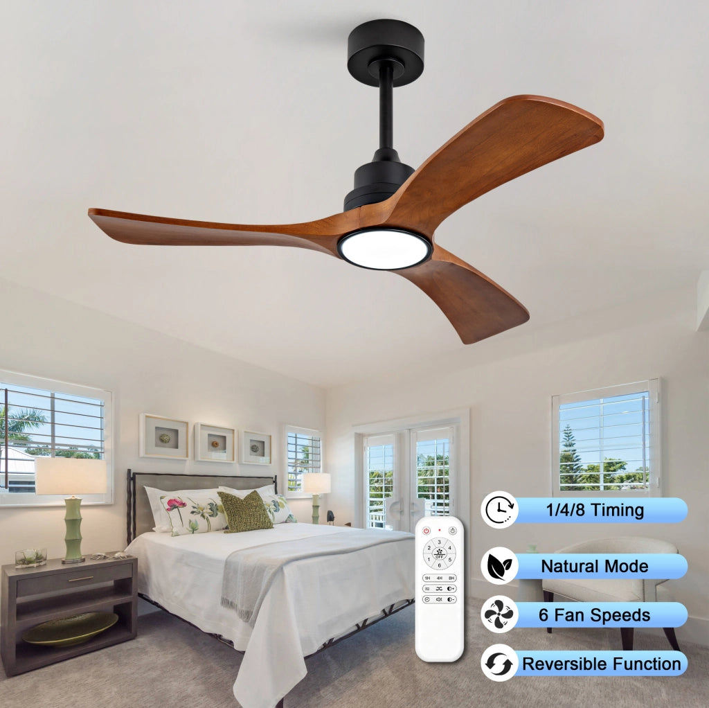 Ventilatore da soffitto 42" con 3 pale in legno massello, illuminazione LED dimmerabile, motore DC reversibile 6 velocità e telecomando