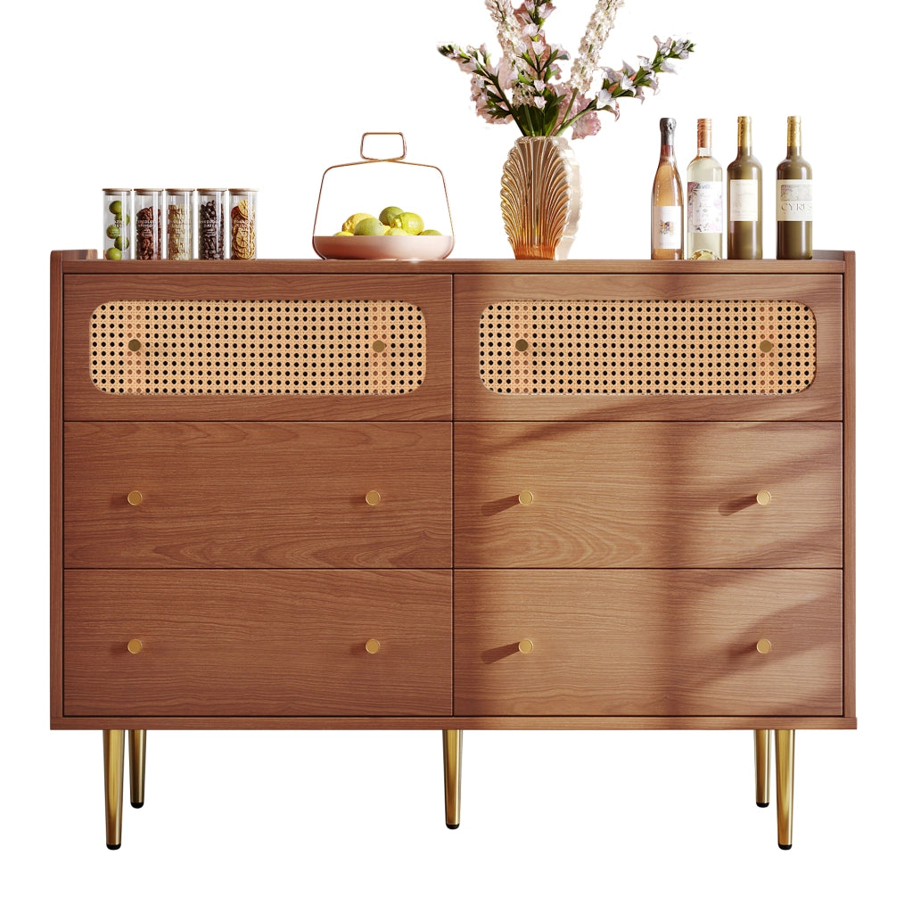 Cassettiera con 6 cassetti e 2 pannelli in rattan, finitura noce, per camera da letto, legno e metallo, 120 × 40 × 90 cm