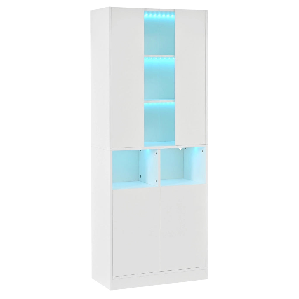 Armadio alto bianco a due sezioni con doppie ante, vetro acrilico centrale, luci LED controllabili via app, ripiano regolabile, 70x35x180 cm