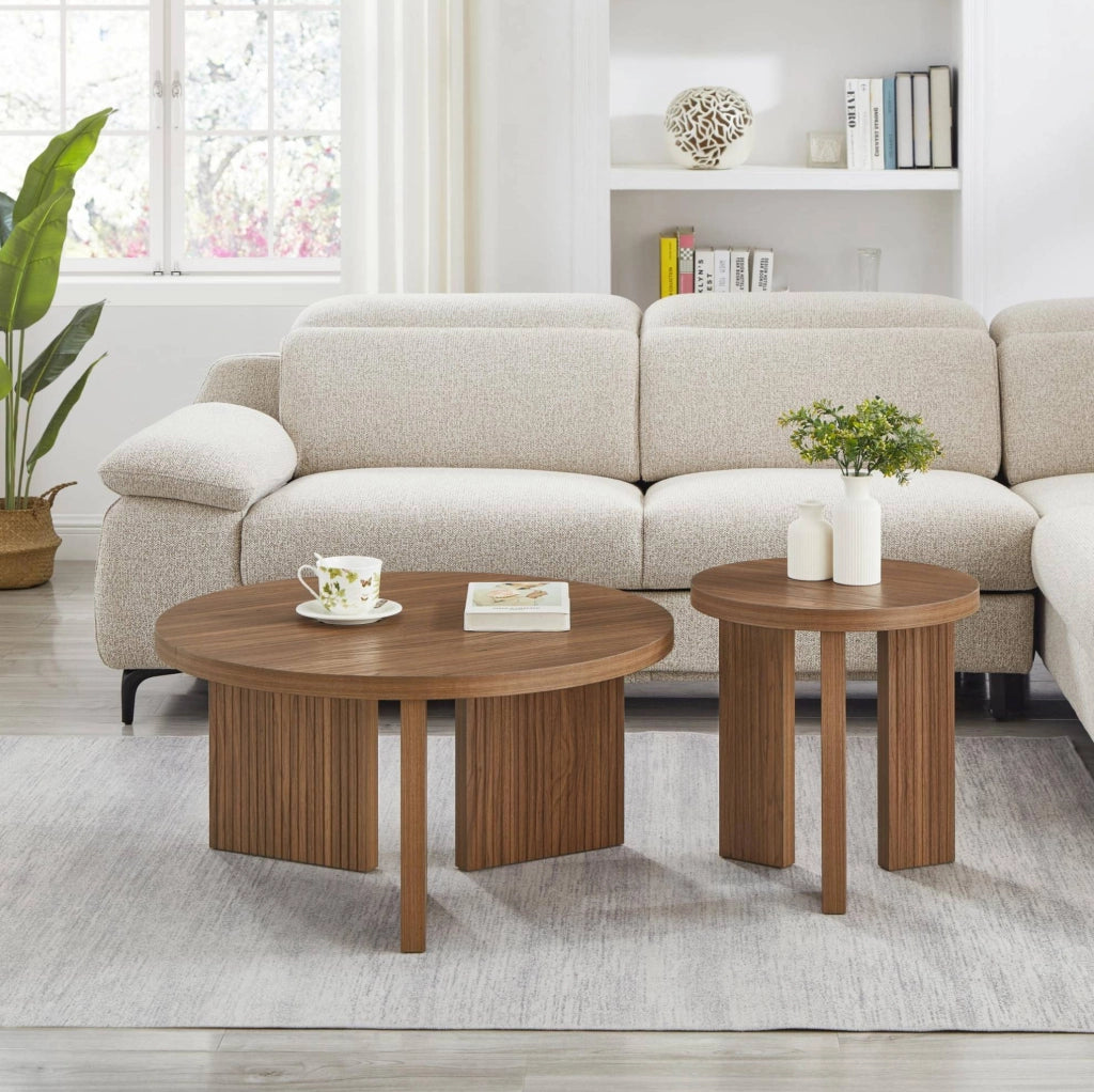 Set 2 tavolini da salotto rotondi in MDF marrone noce HOMVRA