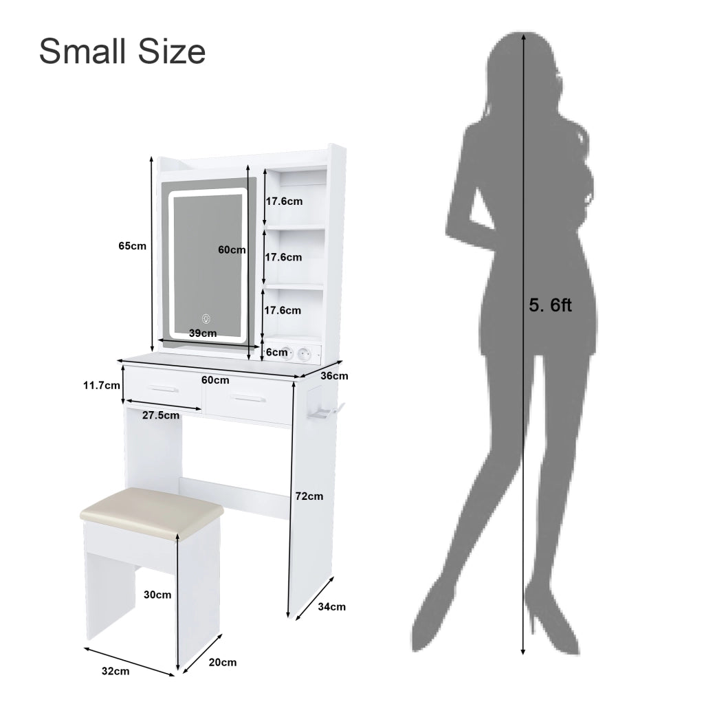 Toeletta con specchio LED regolabile; prese e USB; 2 cassetti e sgabello imbottito; MDF bianco
