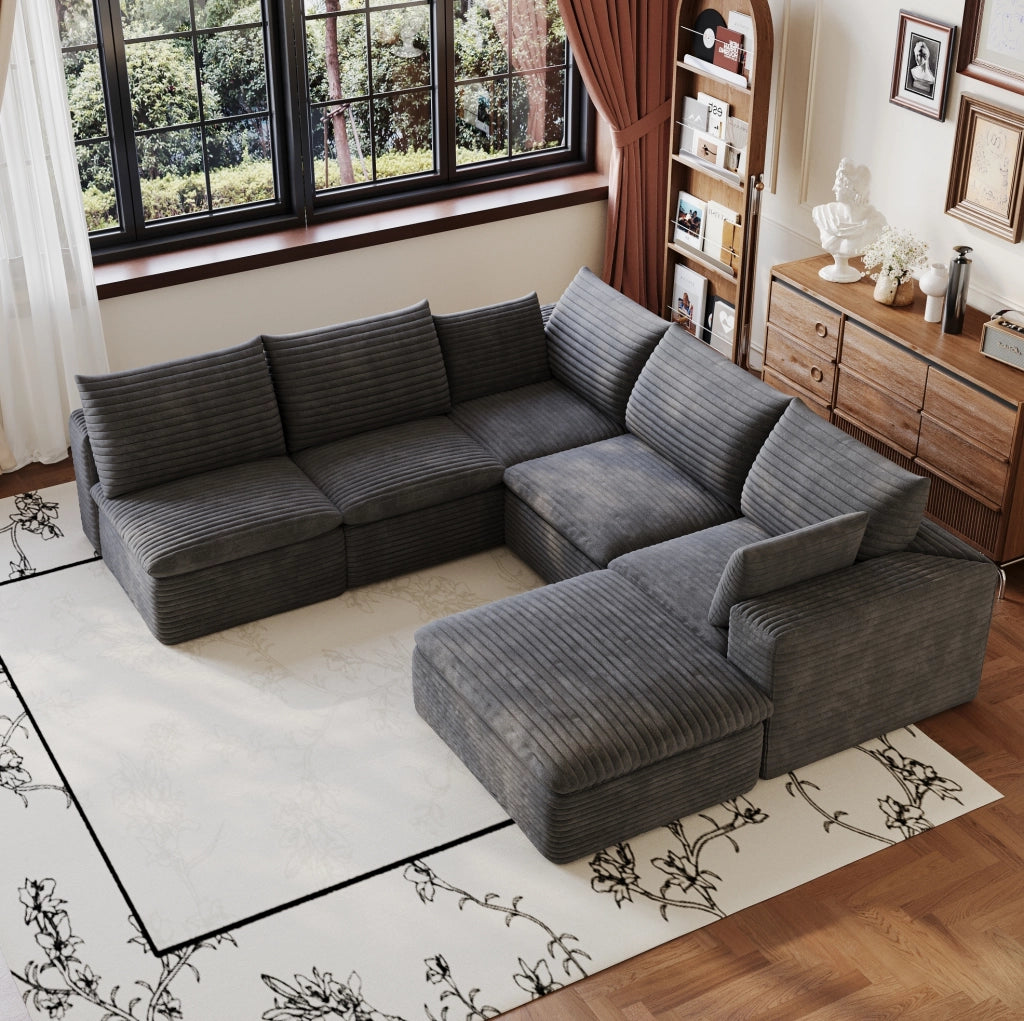 Divano modulare in tessuto di velluto a coste grigio scuro 260x250 cm con imbottitura rimovibile e design a doppio strato