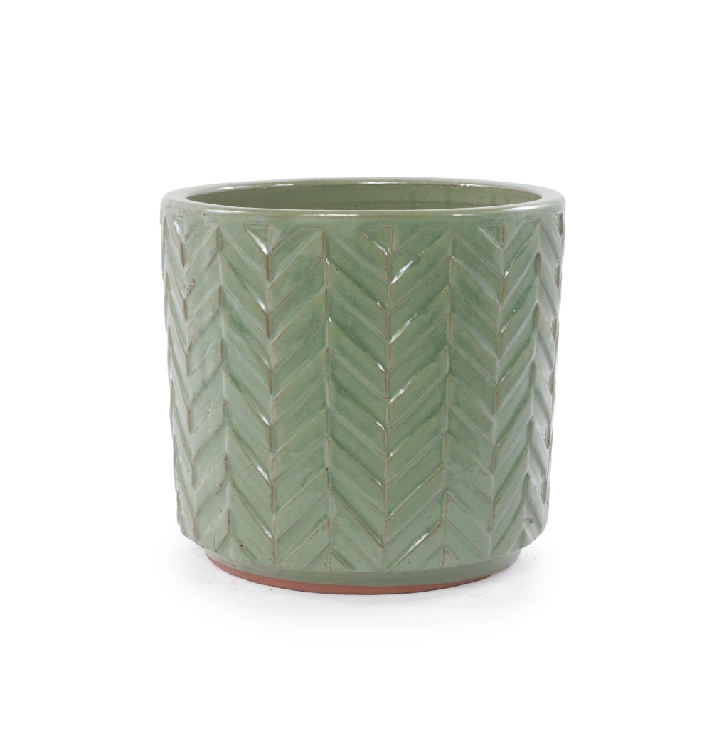 Vaso in ceramica mini Ø20 cm verde salvia lucido con rilievo a spina di pesce e foro di drenaggio