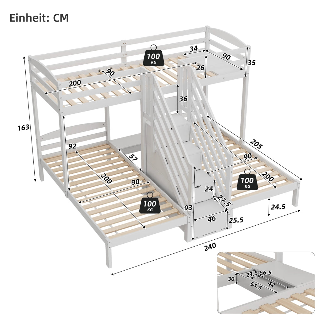 Letto a castello a tre letti 90 × 200 cm in legno di pino e MDF bianco con scala contenitore e sponde