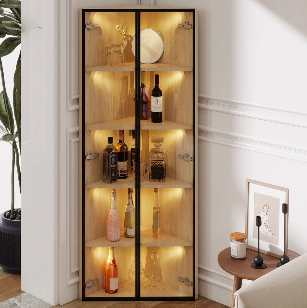 Vetrina angolare 62x35x160 cm con LED; vetro temperato e MDF effetto rovere