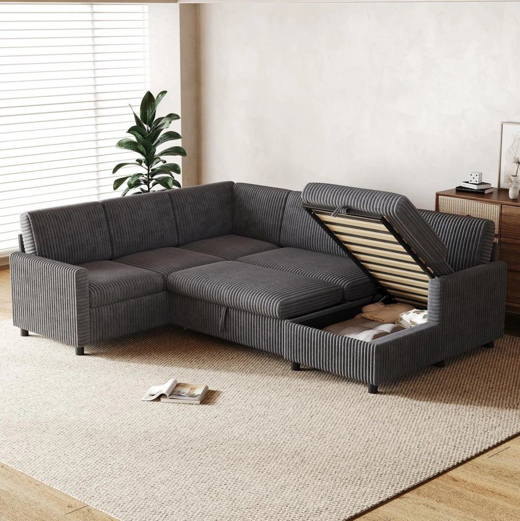Divano letto angolare a U 274x220 cm con chaise longue contenitore in velluto a coste grigio