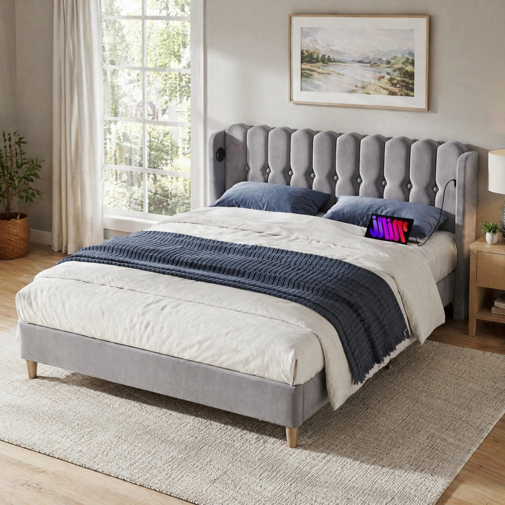 Letto matrimoniale imbottito 140 ¡Á 200 cm in lino grigio con rete a doghe testiera e ricarica USB tipo C