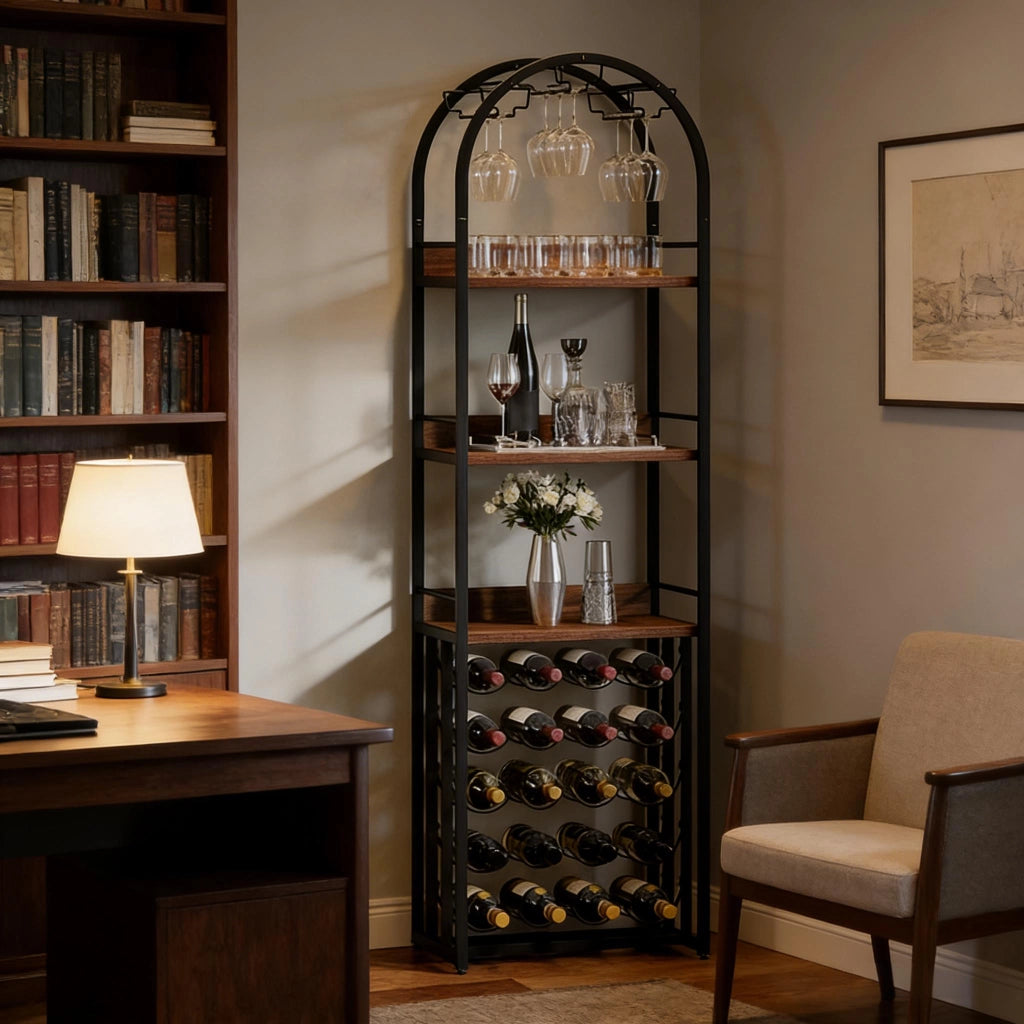 Portabottiglie da terra per 30 bottiglie con ripiano in MDF e acciaio nero marrone rustico 183 × 50 × 35 cm