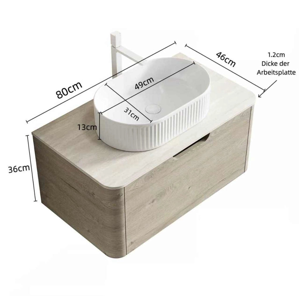 Mobile bagno sospeso 80 cm con lavabo ovale bianco in ceramica e piano in travertino sinterizzato, armadietto in multistrato effetto quercia crema con cassetto