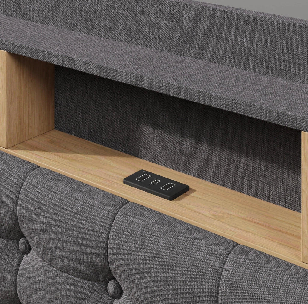 Letto imbottito 180x200 cm con contenitore idraulico, LED, USB e USB-C in lino grigio