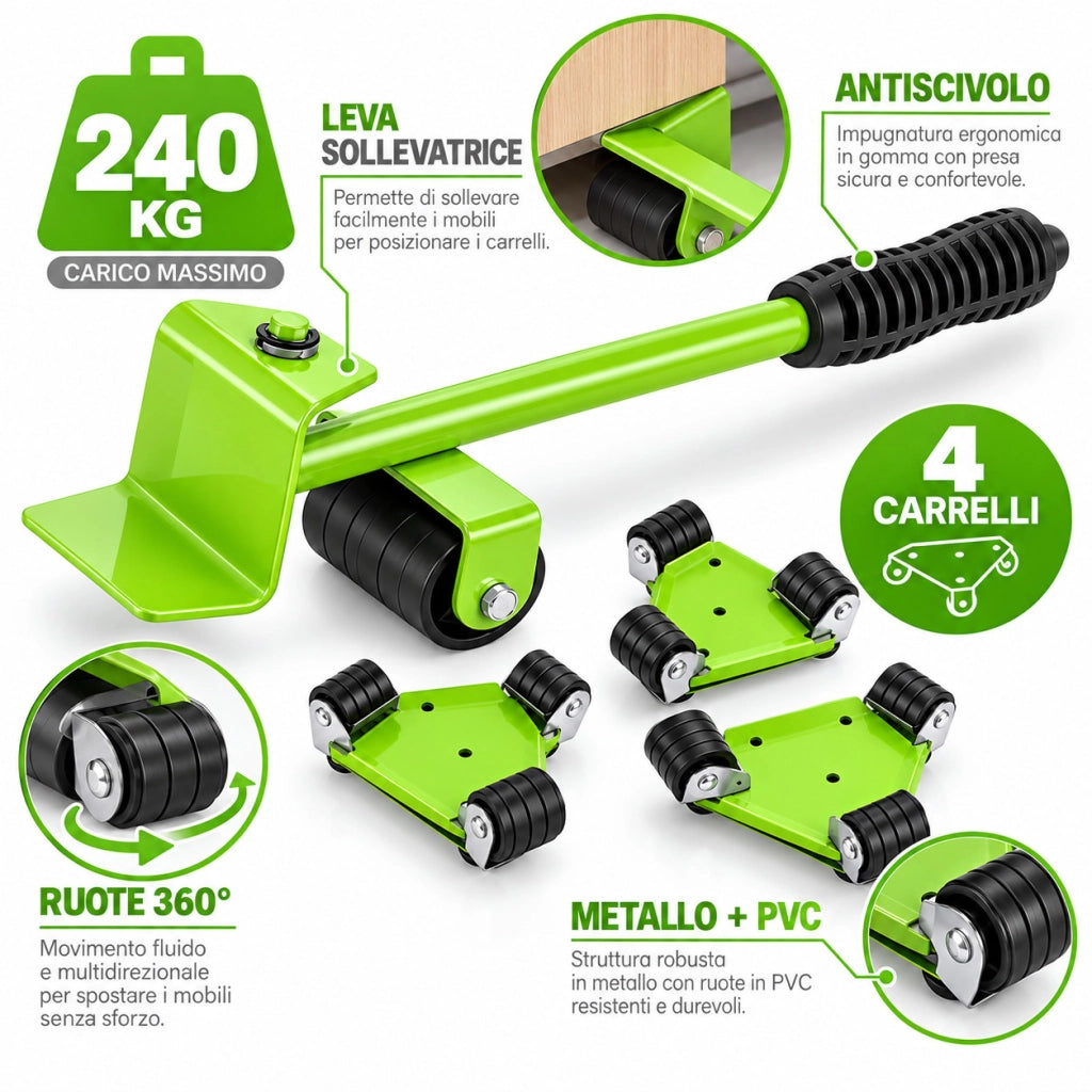 TRASPORTATORE MOBILI 240KG 4 CARRELLI LEVA RUOTE SOLLEVA LAVATRICE FRIGO 08989