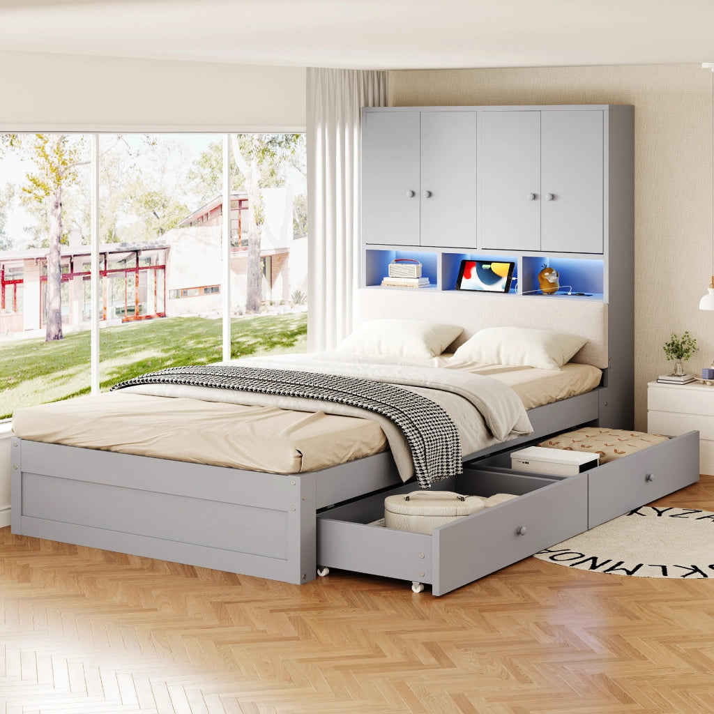 Letto singolo 90 × 200 cm con contenitore testiera imbottita luci led e presa in legno grigio