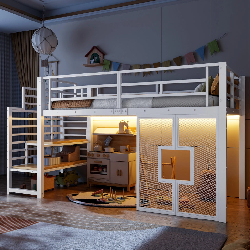 Letto a soppalco in metallo 90 x 200 cm con scala, contenitore, illuminazione LED e finestre - Bianco