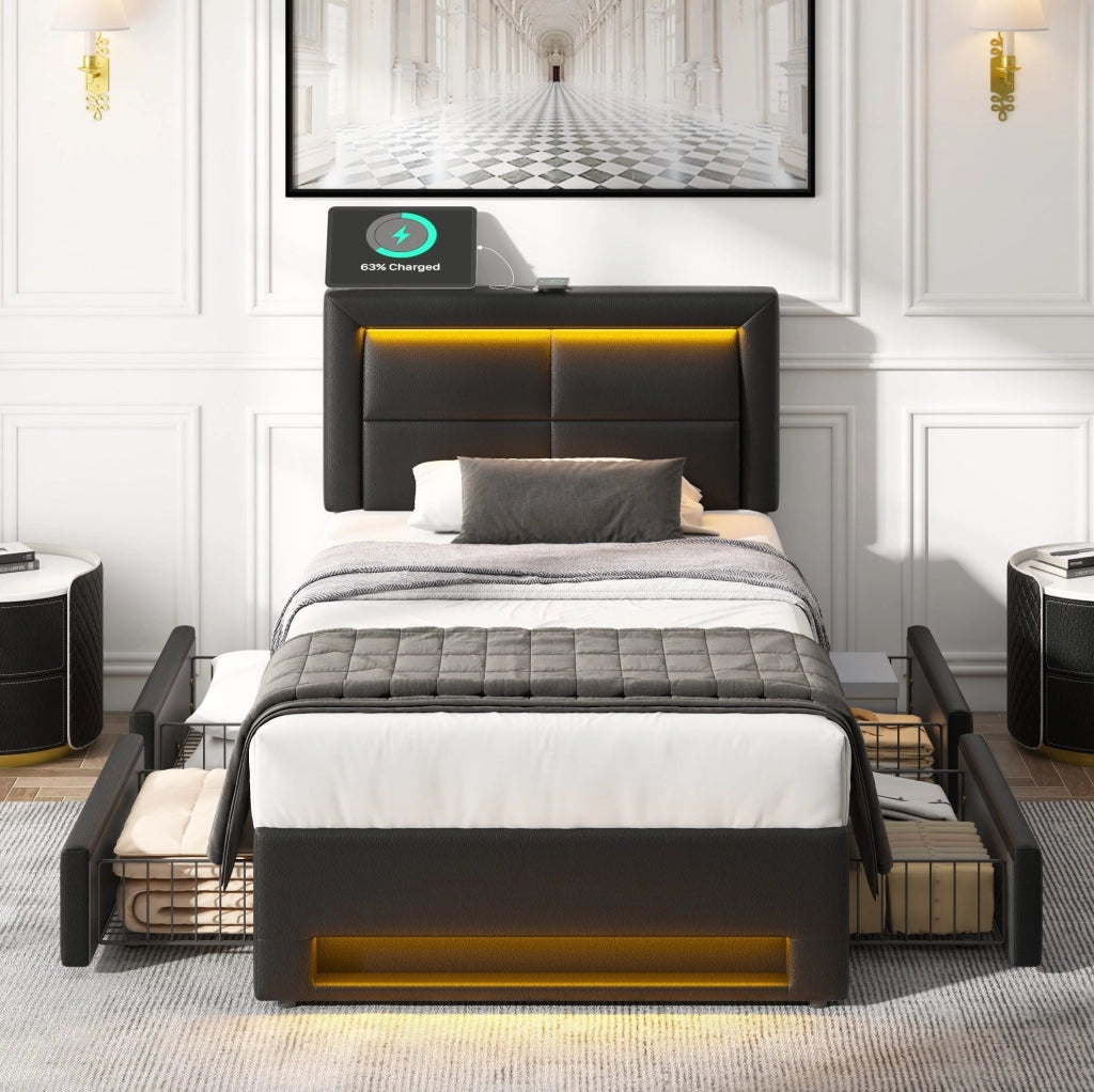 Letto imbottito 90x200 cm con LED, USB e 4 cassetti