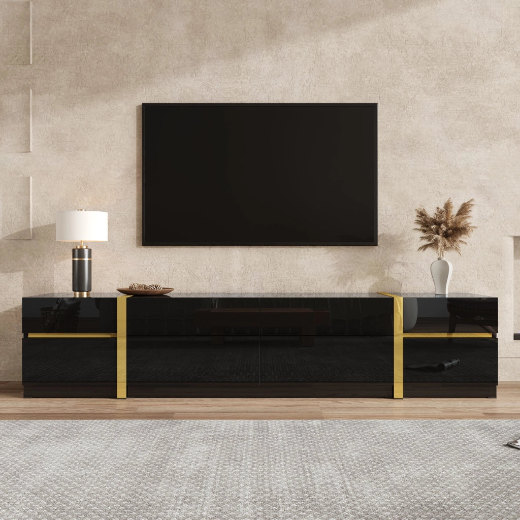Mobile TV nero con finitura lucida; 4 cassetti e 2 ante; 180 x 40 x 38 cm; MDF e truciolare