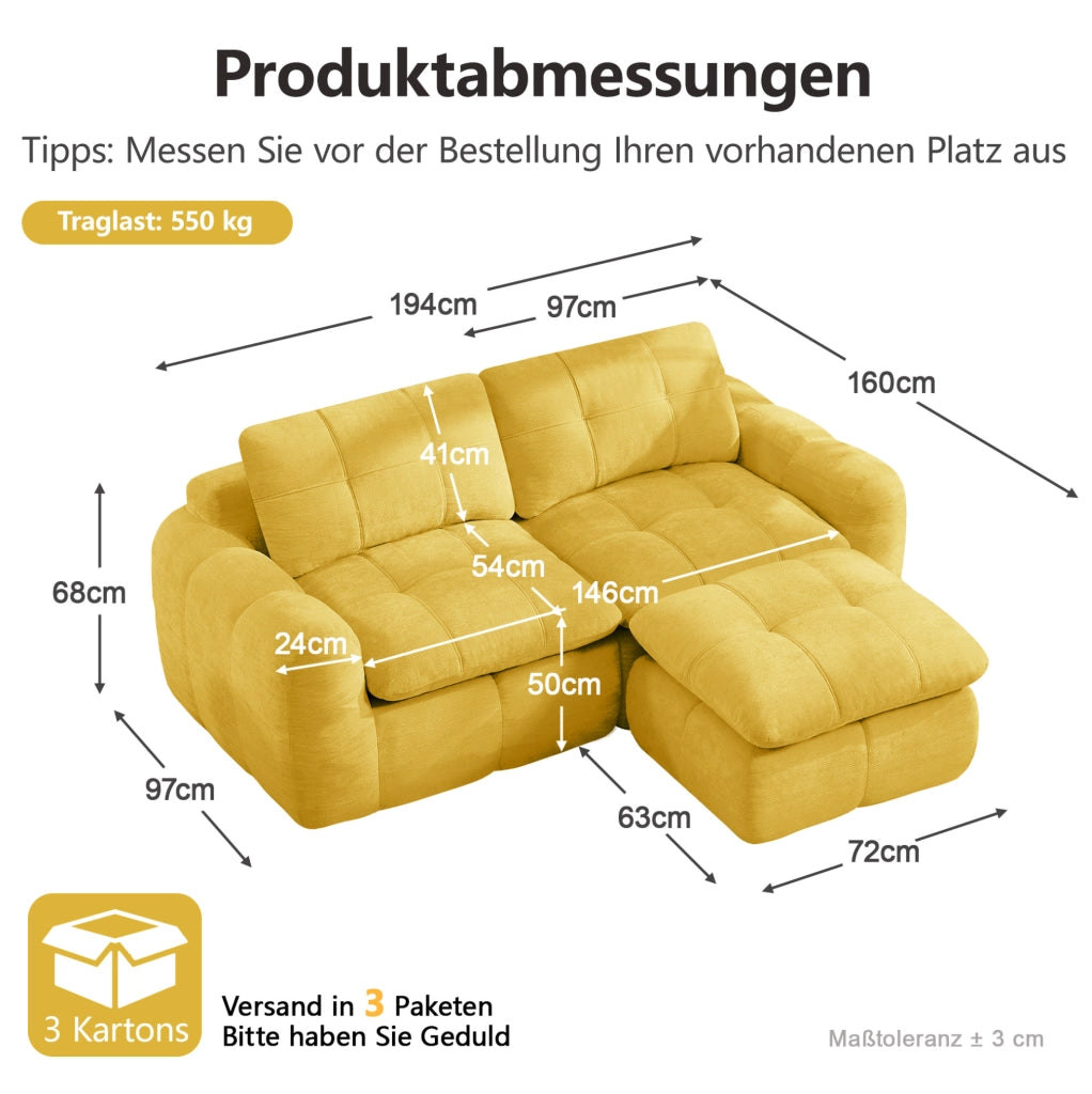 Divano modulare a 2 posti a forma di L in Chenille giallo senza struttura con pouf, ideale per soggiorni e appartamenti