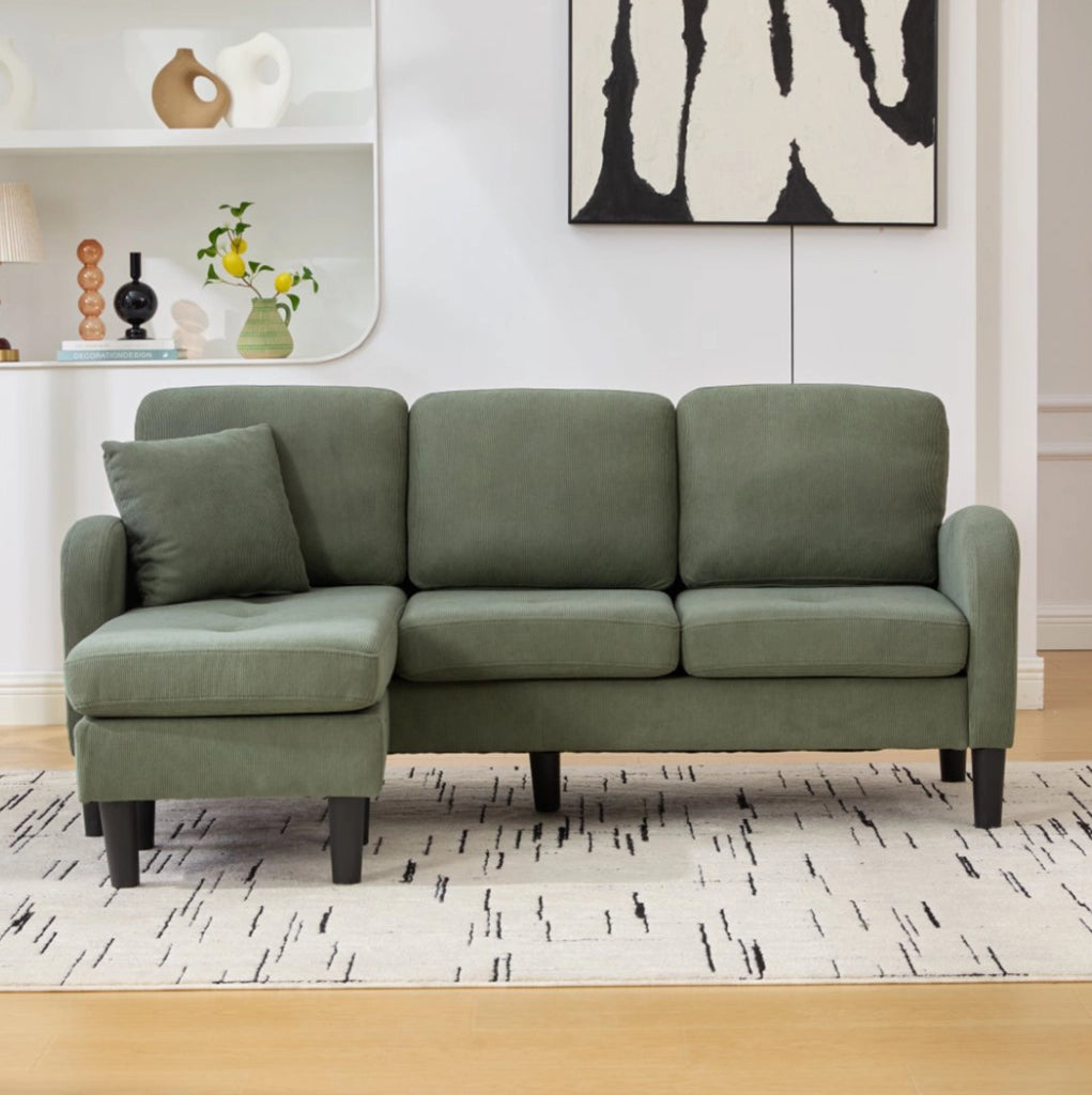 Divano angolare a L 3 posti con chaise longue 166x118x77 cm, tessuto in corda, gambe in plastica, design modulare