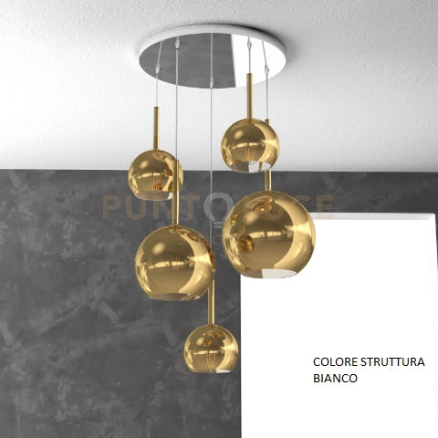 SOSP. BIANCO TONDA 5 LUCI VETRI (1 GRANDE+1 MEDIO+3 PICCOLO) TUTTI ORO 1155BI-S5 TMIX-OR
