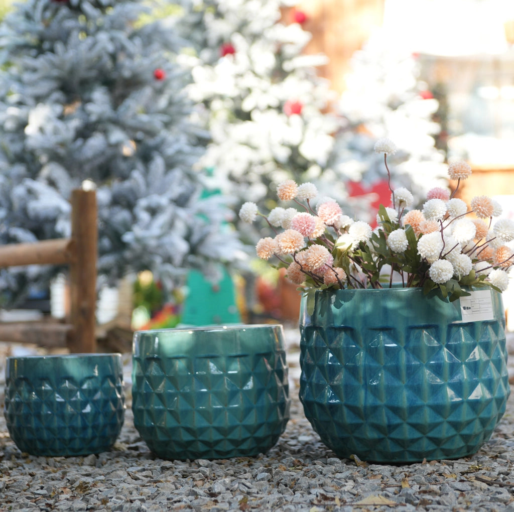 Set di 3 vasi in ceramica smaltata fatti a mano, diametri 36/29,5/21,5 cm, colore turchese con motivo a diamante, con fori di drenaggio, per interno ed esterno