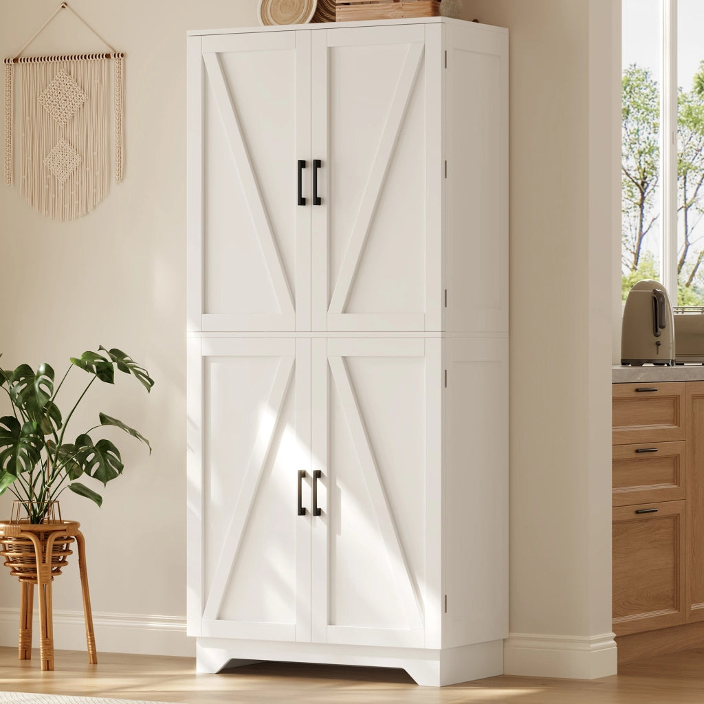 Mobile colonna da cucina con 4 ante; portabottiglie e ripiani sulle ante in MDF bianco e naturale 80 × 40 × 180 cm