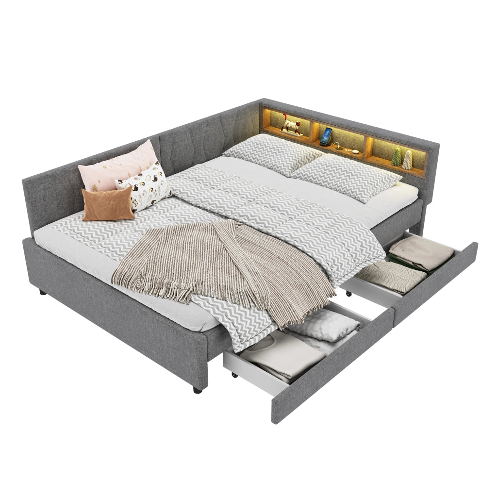 Letto estraibile 140x200 cm con rete a doghe; USB e porta tipo C; LED e vani portaoggetti; lino e MDF; grigio