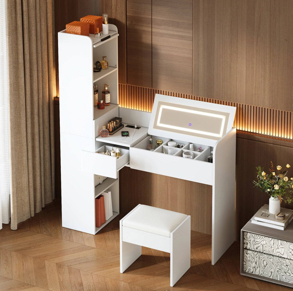 Toeletta con specchio LED pieghevole; USB; mobile laterale e sgabello; bianca