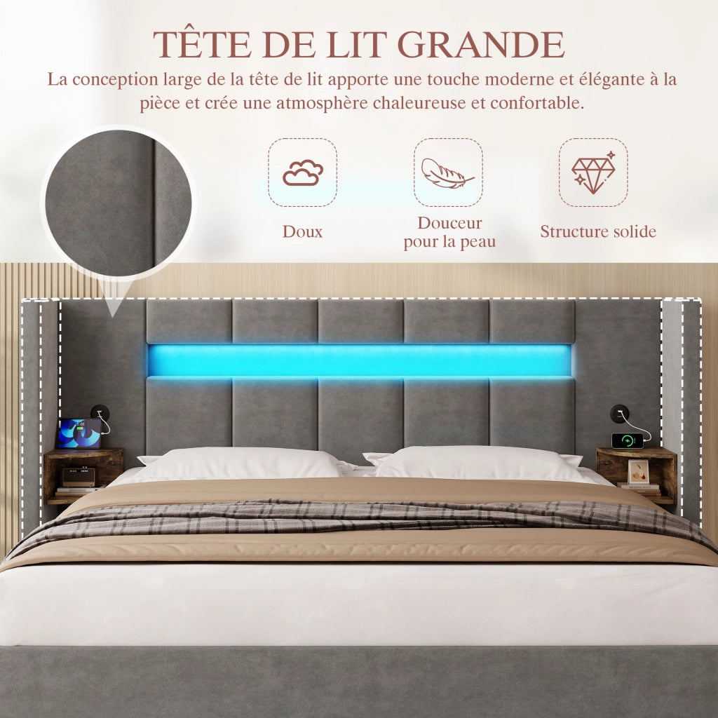 Letto matrimoniale 160 × 200 cm con vano idraulico, LED, USB e armadietti, senza materasso, velluto grigio scuro