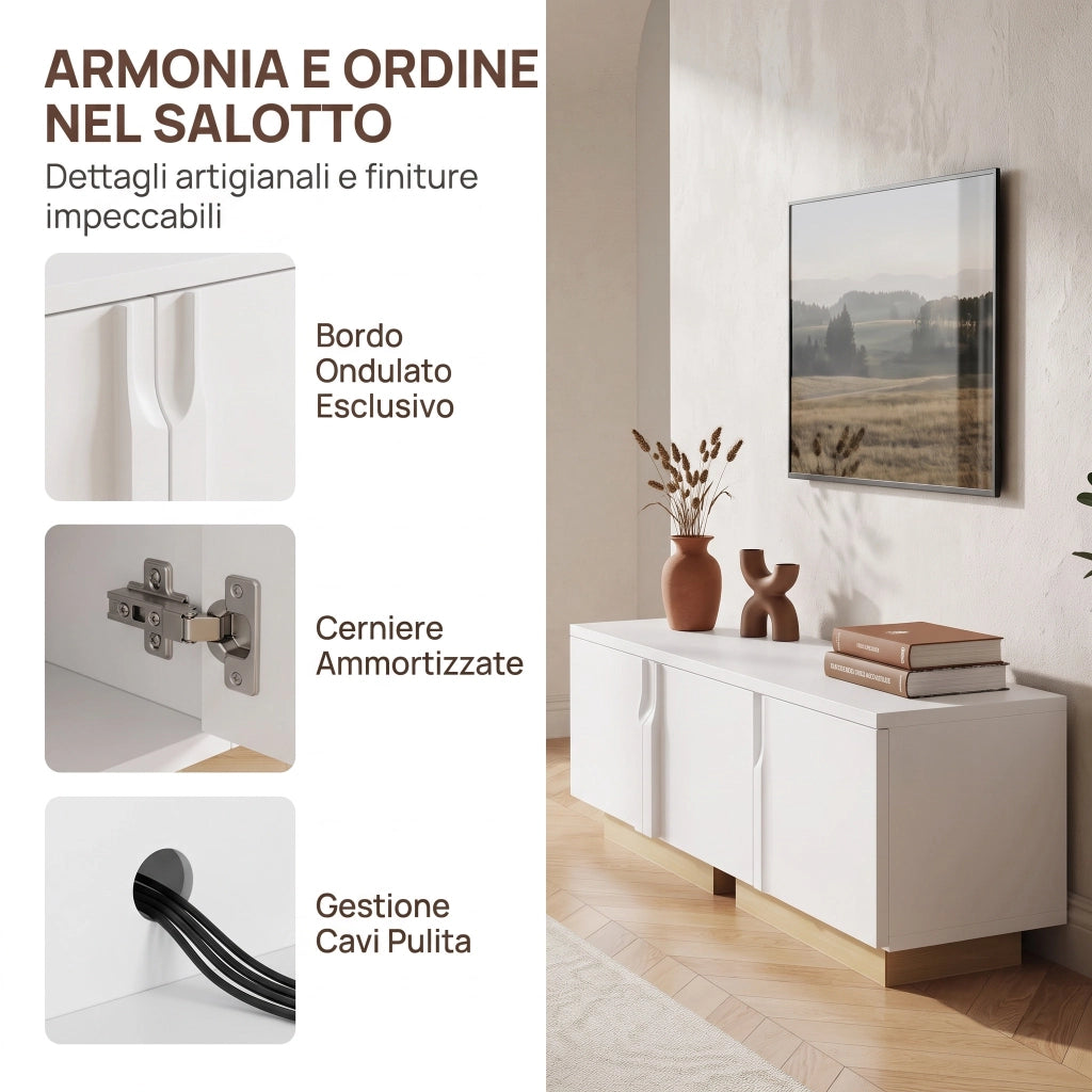 Mobile TV Moderno 175x40x42 cm;Mobile Basso per Soggiorno;Porta di ricarica;Ripiani Regolabili;Supporta TV fino a 80";Bianco