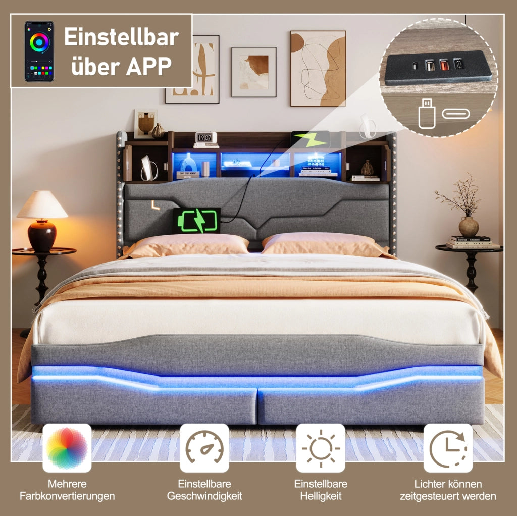 Letto matrimoniale 160x200 cm imbottito in lino grigio con contenitore idraulico e luci LED