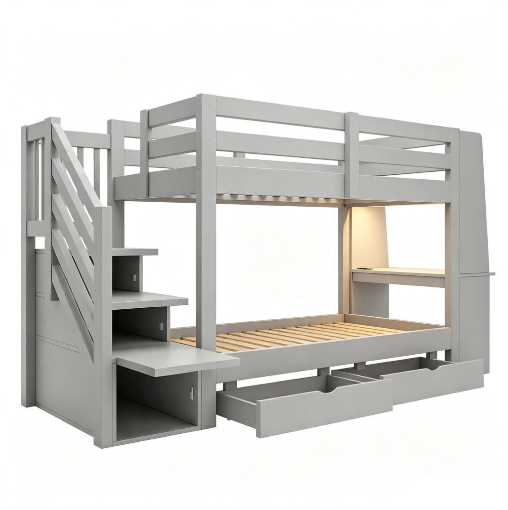 Letto a castello multifunzionale in legno 90x200 cm con scrivania integrata, scala contenitore, LED e prese, colore grigio