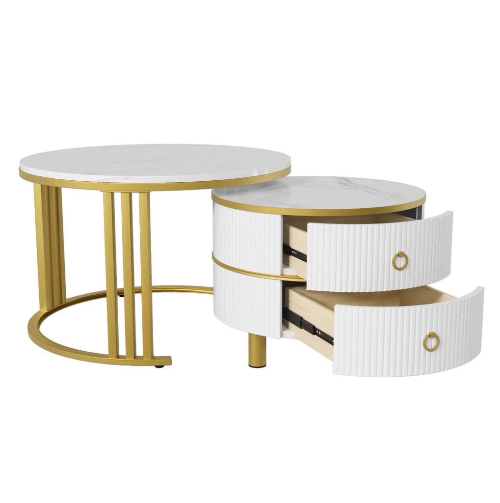 Set di 2 tavolini da caff¨¨ rotondi 70x70 e 50x50 cm in MDF con 2 cassetti