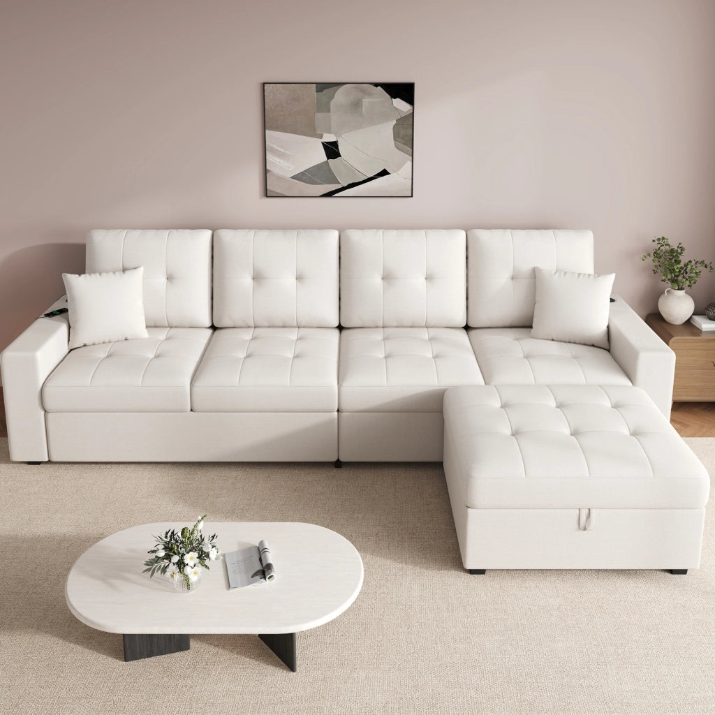 Divano 4 posti con pouf contenitore, USB e Type-C, LED, beige