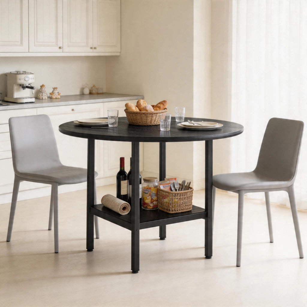 Tavolo rotondo da pranzo con ripiano portaoggetti 100 cm nero in MDF e metallo per 4-6 persone