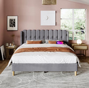 Letto imbottito 140x200 cm in lino grigio con USB e Type-C