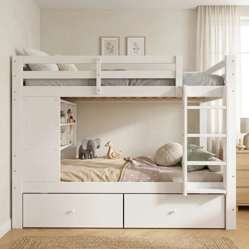 Letto a castello 90x200 ¨C Minimal ¨C bianco in legno con 2 cassetti