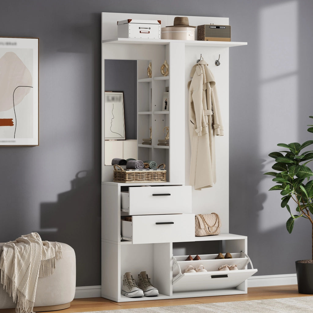 Garderoba bianca in MDF 90x30x180 cm con specchio, 2 cassetti, 3 ganci e scarpiera ribaltabile
