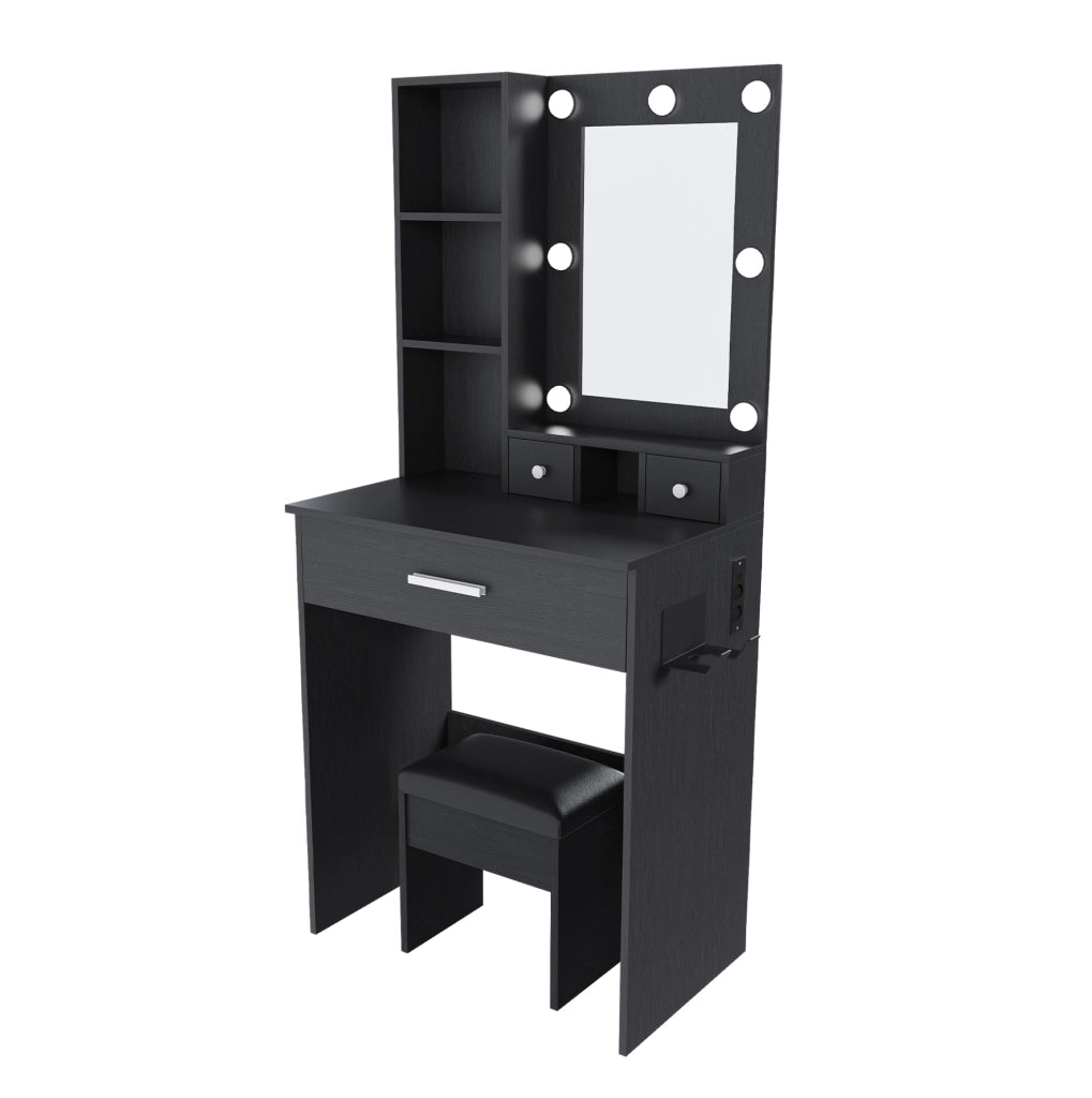 Toeletta nera in MDF con specchio LED, presa e sgabello