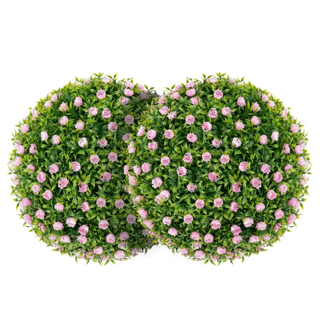 Set di 2 pezzi sfere topiarie in piante artificiali, Sfere decorative da 37 cm con fiori rosa per interno e esterno-Piante artificiali