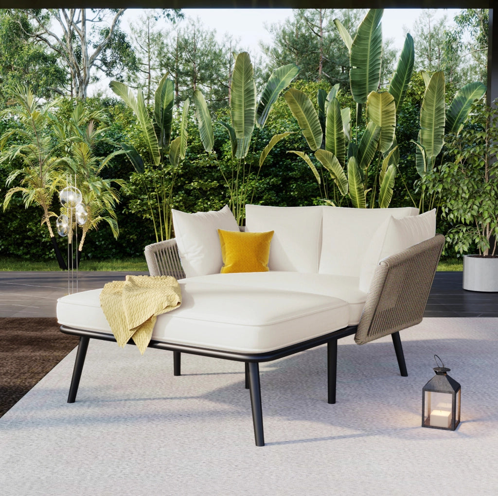 Poltrona da giardino con cuscini sfoderabili e lavabili, struttura in acciaio zincato, tessuto beige e corda kaki per esterno